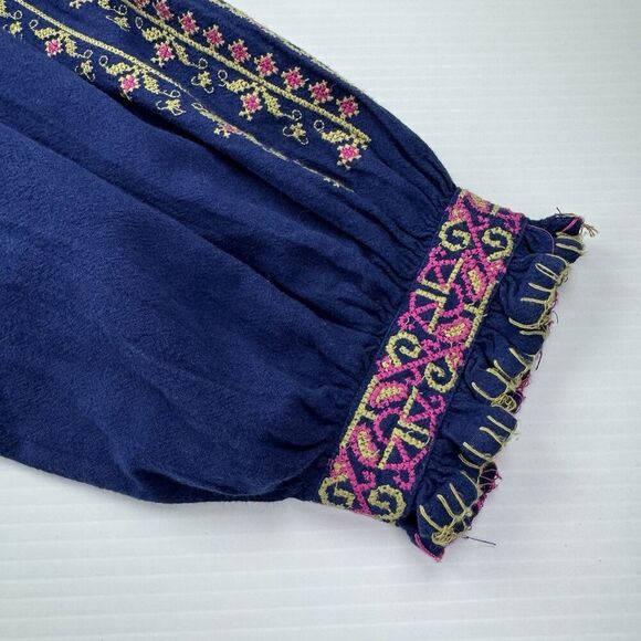 Free People Cherry Bomb Embroidered Peasant Blouse Navy Blue Pink Boho Top S - Picture 7 of 10